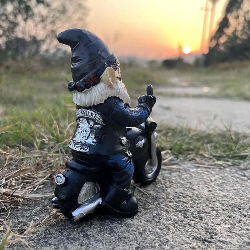 Middle Finger Dwarf Riding Motorcycle Funny Garden Gnome