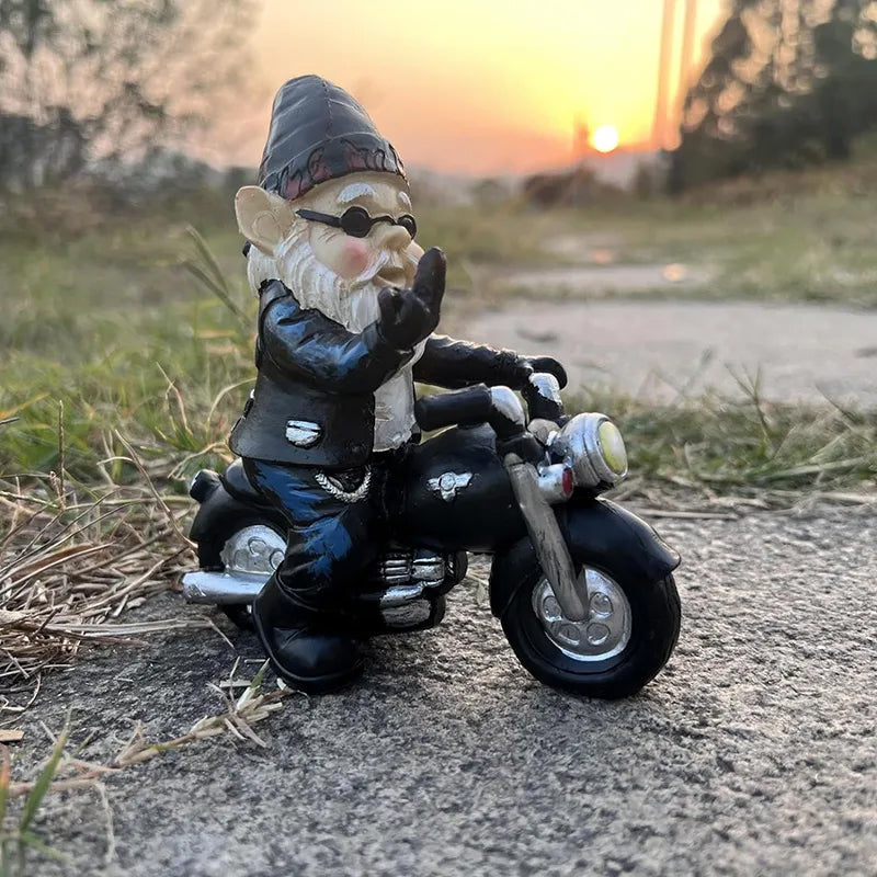 Middle Finger Dwarf Riding Motorcycle Funny Garden Gnome